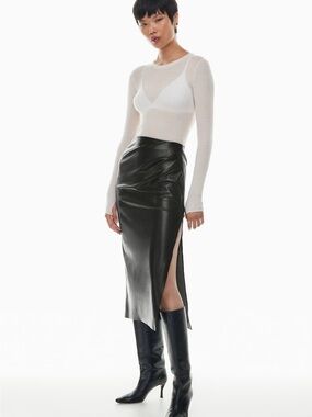 Wilfred Angie Faux-Leather Midi Skirt with High Side Slit in Black Size 12